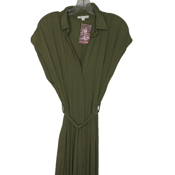 No Rest for Briget Arrays Shirt Dress M Olive Green Midi Sleeveless Belt Buttons - Picture 14 of 16